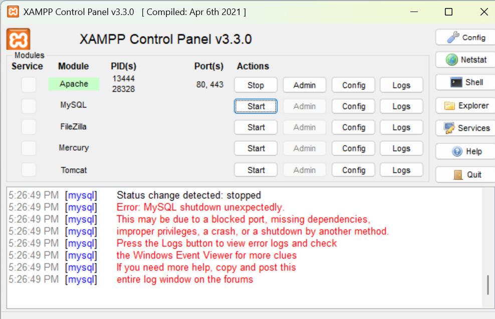XAMPP menampilkan MySQL shutdown unexpectedly