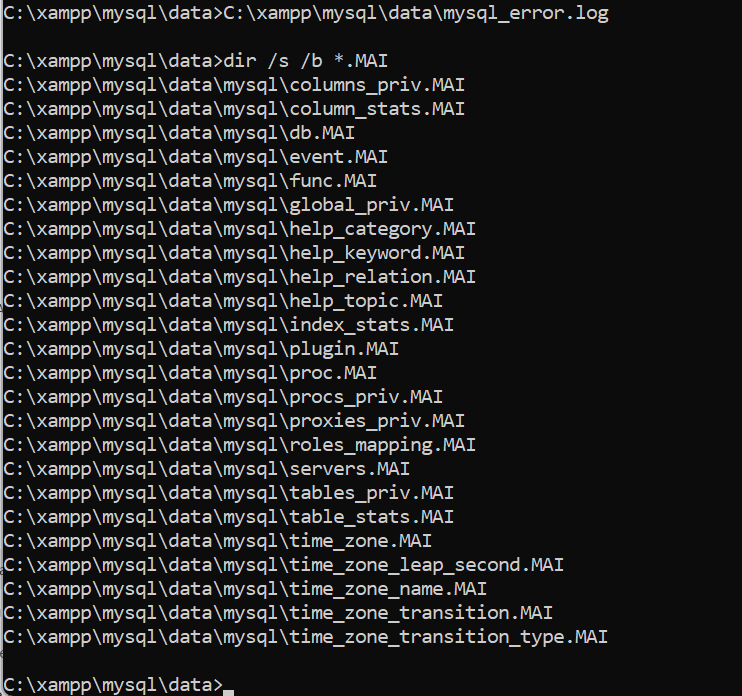 Mencari file MAI pada folder MySQL